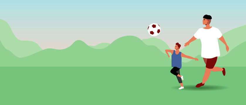 Man with his son playing football, flat vector stock illustration as copy space pattern, parent and child with physical activity in nature