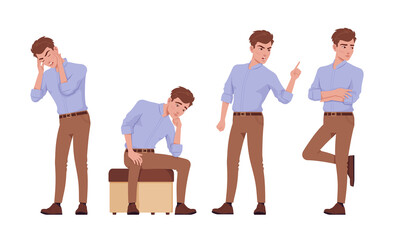 Obraz premium Young handsome businessman set standing pose, negative emotion. Office attire boy, smart male manager in formal wear. Vector flat style cartoon character isolated, white background, different position