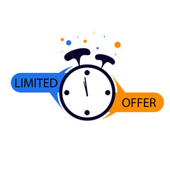 Limited offer icon with time countdown. Super promo label with alarm clock. Last offer banner for sale promotion. Blue and orange flat sticker hurry deal. Auction tag. Last minute chance stamp.