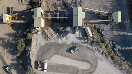 Aerial view cement plant and ready mix concrete, Plant for the production of cement and dry mortar for the construction industry, Crushing the stones for the cement production. - obrazy, fototapety, plakaty