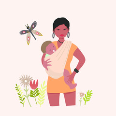 A dark-skinned woman holds a baby in a sling, around flowers, a butterfly, vector illustration, happy mother's day.
