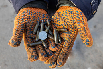 War of Russia against Ukraine. Concept of invasion and aggression, war price. Man in work gloves...