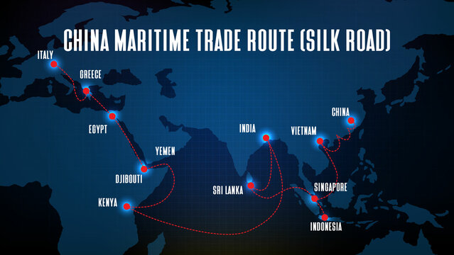 Abstract Blue Background Of China Maritime Trade Route (silk Road) With World Map