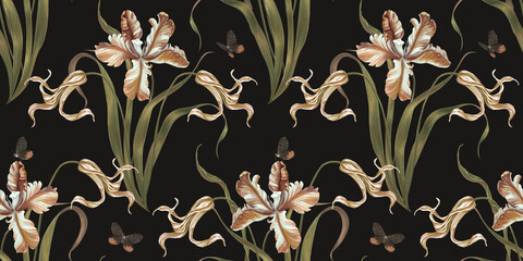Seamless pattern with graceful tulips and butterflies. Vintage floral wallpaper. Hand drawn realistic drawing, watercolor background. Botanical illustration. Design fabric, wallpaper, wrapping paper - obrazy, fototapety, plakaty