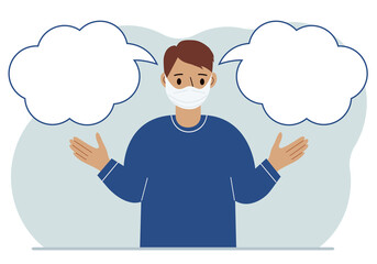 A man with a medical mask is trying to make the right decision. Left and right are empty bubbles. Comparison of the two solutions.