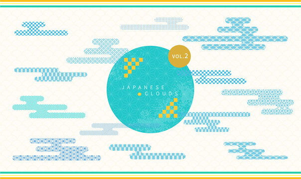 Set of oriental japanese abstract patterns with retro clouds