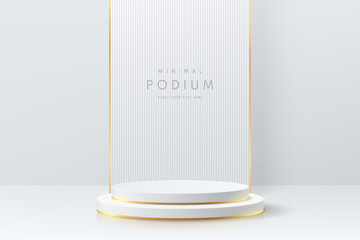 Realistic white and gold cylinder pedestal podium with vertical pattern background. Vector abstract studio room with 3D geometric forms. Luxury minimal scene for products showcase, Promotion display.