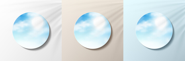 Set of 3d blue, beige and white color with blue sky in circle frame. Background minimal style. Collection of trendy color geometric background with copy space. Top view scene of podium. Vector EPS10