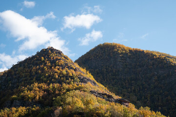 Impressive, pointy, rocky mountain peaks covered by autumn colored trees lighten by golden sun light - 500441487