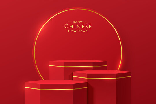 Realistic red, gold 3D hexagon stand or podium set with golden circle ring scene. Minimal scene for chinese new year. Stage showcase, Promotion products display. Vector abstract room, geometric forms.