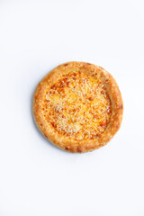 Homemade pizza with cheese. On a white background.