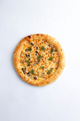 Homemade pizza with cheese, mushrooms and dill. On a white background.