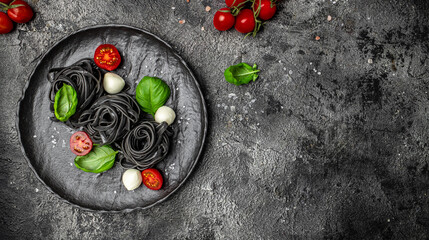 black pasta caprese salad tomatoes, mozzarella and green basil leaves on a dark background. Pasta...