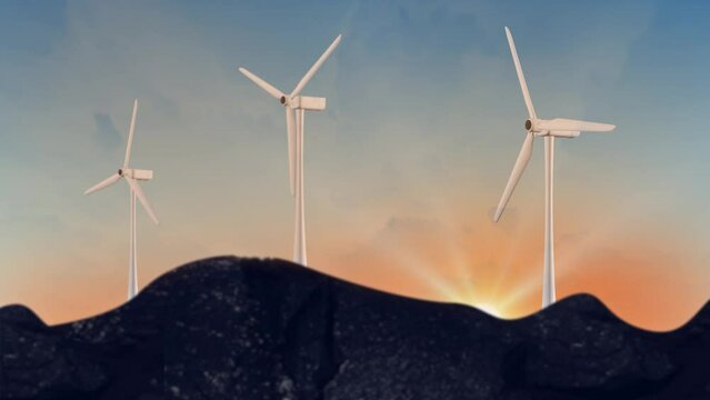 4k Aerial view of Wind turbines of save Energy save world. aerial shot on sunset. Wind turbines at sunrise with clouds. Global warming concept and green energy. Renewable energy. Green tech.