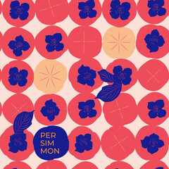 Obraz premium Seamless pattern. Colorful fruit pattern of fresh whole and sliced persimmon fruits. Vector illustration