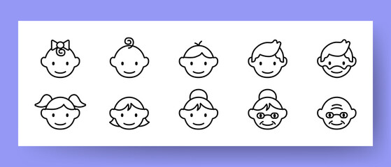 People age icon set. Child, teenager, adult, middle-aged, grandparents. Life stages concept. Vector line icon for Business and Advertising
