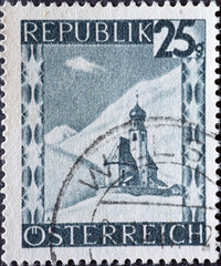 Austria - circa 1946 : a postage stamp from Austria, showing a landscape in Austria: Vent in the "Ötztal" (Tyrol)