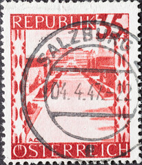 Austria - circa 1946 : a postage stamp from Austria, showing a landscape in Austria: Belvedere (Vienna)