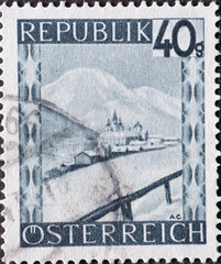 Austria - circa 1945 : a postage stamp from Austria, showing a landscape in Austria: Mariazell...