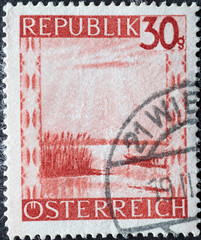 Austria - circa 1947 : a postage stamp from Austria, showing a landscape in Austria: Neusiedler Lake (Burgenland)