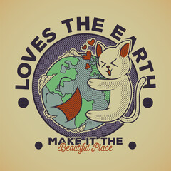 Cartoon emblem of cat hugging the earth with retro style