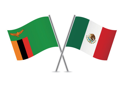 Zambia and Mexico crossed flags. Zambian and Mexican flags are on white background. Vector icon set. Vector illustration.