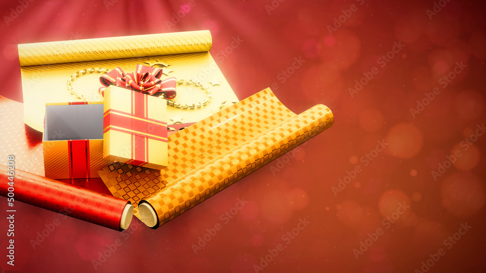 Poster wrapping paper and gift box on colorful backdrop - abstract 3D rendering
