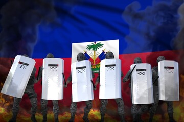 Haiti protest fighting concept, police officers in heavy smoke and fire protecting order against demonstration - military 3D Illustration on flag background