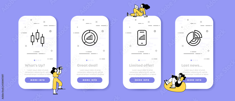 Poster diagram set icon. charts for data analysis. ui phone app screens with people. vector line icon for b