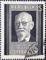 Austria - circa 1951: a postage stamp from Austria, showing a portrait of federal president Karl Renner (1870-1950)