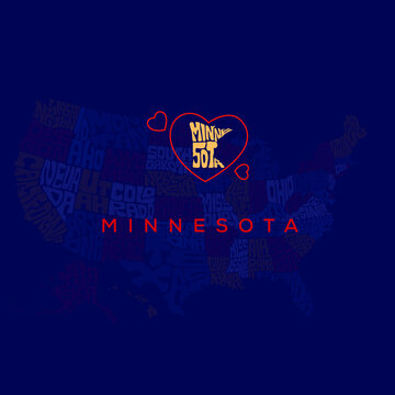 Minnesota map typography. Us map lettering with all states names.