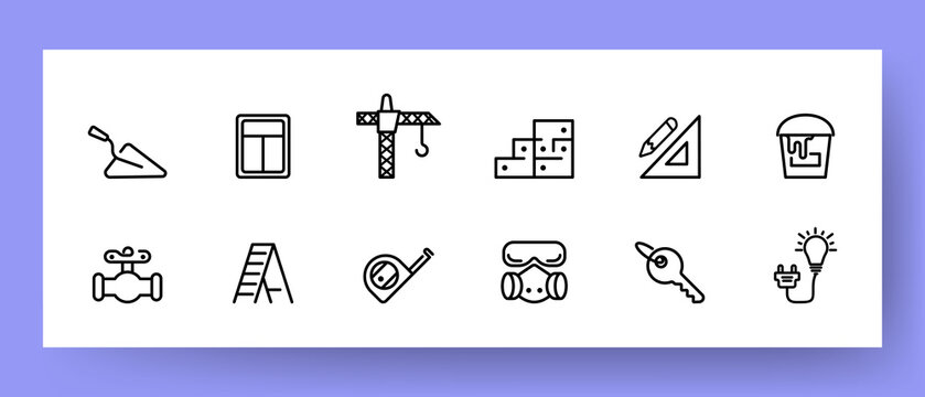 Construction set icon. Shovel, window, spatula, crane, key, electricity, pipes, tape measure, ladder, respirator. Vector line icon for Business and Advertising