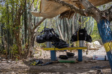 Diving gear on a painted bench in the shadow of a tree at Playa Jeremi on the Caribbean island...