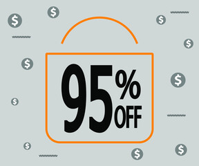 95% off. Dark banner for stores and promotions. Shopping bag