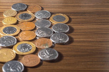 Brazilian coins background. Real coins and cent coins. Money from Brazil. Coins of Real, Brazilian currency.