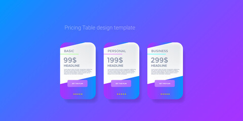 Price table concept vector design template. Pricing or subscription plan ui web elements. Website marketing and promotion landing page template. Product card UI vector illustration