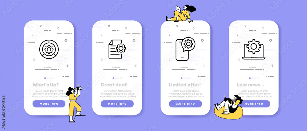 Poster setting set icon. phone setup, phone setup, file setup, gear. setup concept. ui phone app screens wi