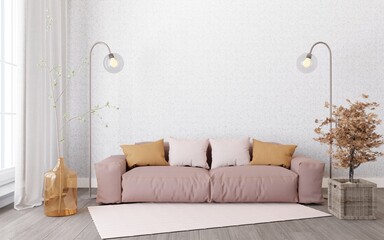 Home mockup empty marble wall,living room interior white tone and sofa brown color.3d rendering