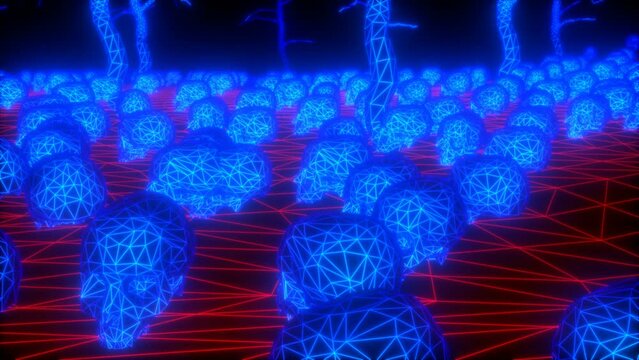 Seamless animation wireframe lowpoly cemetery with trees, tomb stones, skulls and skeletons. Halloween videogame themed visuals for parties and events.