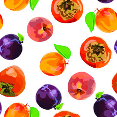 Vector seamless pattern with persimmon, apricot, peach and plum fruits