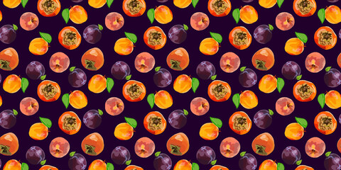  seamless pattern with persimmon, apricot, peach and plum fruits