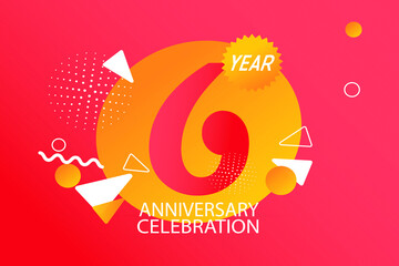 6 year anniversary celebration logotype. anniversary logo with orange and white color isolated on black background, vector design for celebration, invitation card, and greeting card - Vector