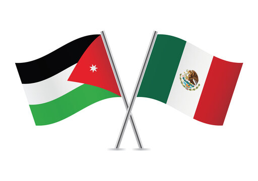 Jordan and Mexico crossed flags. Jordanian and Mexican flags on white background. Vector icon set. Vector illustration.