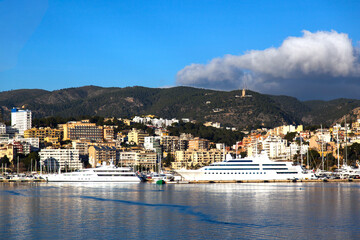 Fototapeta premium Bay on Palma de Mallorca Spain, sea, mountains and yachts.