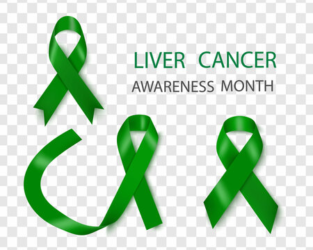 Liver Cancer Awareness Month. Emerald Green Color Ribbon Isolated On Transparent Background. Design Template For Poster.