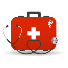 Fototapeta premium Illustration of a red suitcase of a doctor and a stethoscope on a white background with shadow
