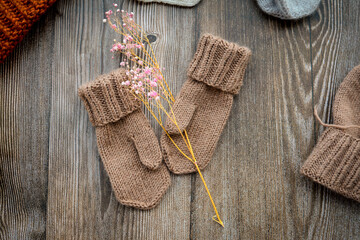 Fototapeta na wymiar New handmade project, woolen mittens and hat, on dark wooden background