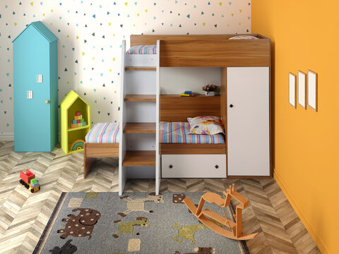 3D rendering . Interior of children room with bunk bed 