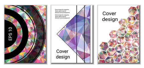 Cover design. Set of 3 covers. Imitation of crumpled paper. Unusual bright abstract background for magazine, book, splash, banner, vector. Imitation of crumpled paper