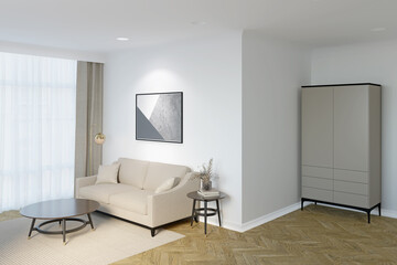Modern interior with an illuminated horizontal poster above a beige sofa near curtained windows, flowers in a vase on a table, a floor lamp, a round coffee table, wardrobe in the background. 3d render